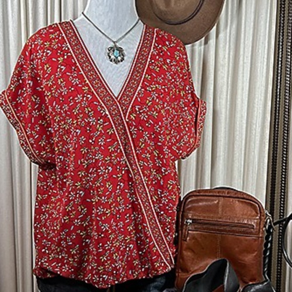 NWOT - Floral-Print Faux Wrap L Short Sleeve Blouse
